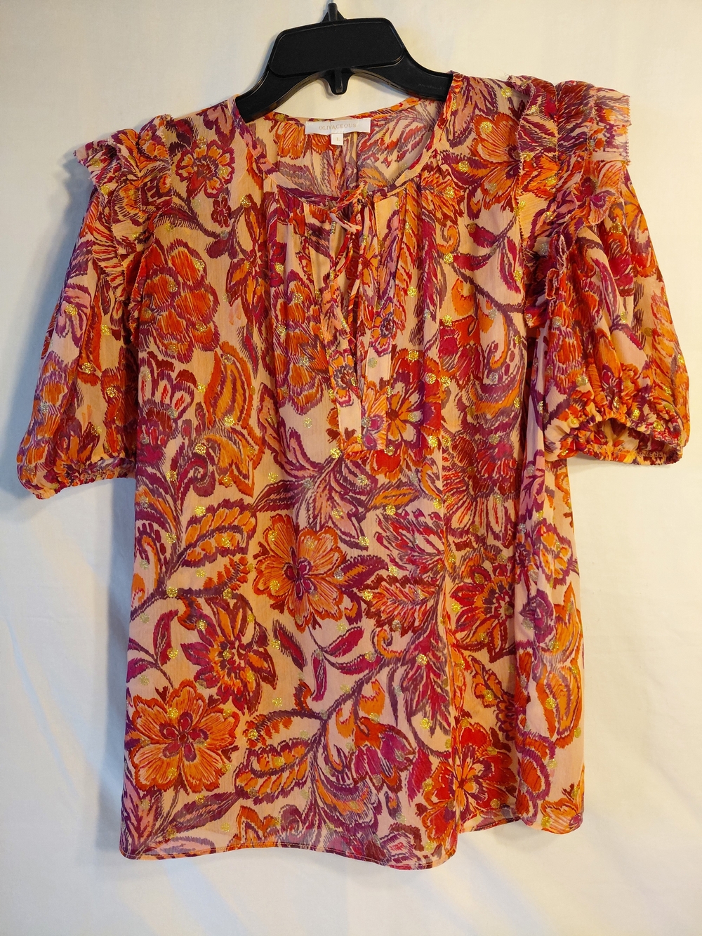 Olivaceous Sheer Pink and Orange Floral Tie-Neck Blouse